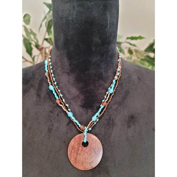 Women Fashion Brown Faux Jade Circle Turquoise Beads Pendant Lobster Clasp - Picture 5 of 6